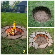 how to build an outdoor fire pit with bricks and stones in the ground, including two pictures