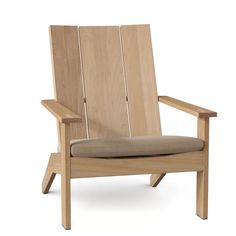 a wooden chair with a blue cushion on the back and armrests that are made out of wood