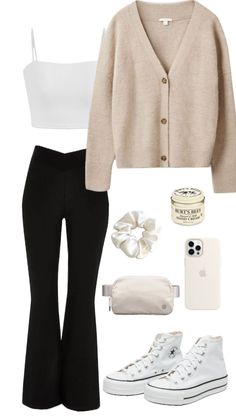 #outfit #outfitinspo #vanillagirloutfit #whiteoutfit Black Flare Pants Outfit, Acubi Outfit, School Outfits Fall, White Outfit Ideas, School Ootd, Acubi Fashion, Trendy Outfits For Teens, Fall Clothing, Outfits With Converse