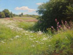 a painting of flowers and trees in a field