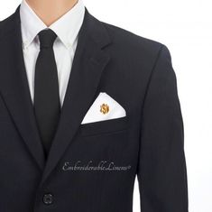 "Your look will have complete sophistication with our Mens Custom Embroidered Monogram Pocket Square.  We custom embroider up to 3 initials in your choice of multiple thread colors and font options creating a one-of-a-kind personalized gift for that special person in your life. Handmade, Embroidered and Shipped from Las Vegas, Nevada. The Largest Wedding City in the USA. A great gift for Yourself, dad, grandpa, groomsmen, businessmen, Church and more! These are white 100% cotton machine washable Classic Gold Wedding Sets, Classic Embroidered Wedding Sets, Embroidered Handkerchief, Church Events, Embroidered Monogram, Pocket Squares, Las Vegas Nevada, Font Styles, Wedding Groom