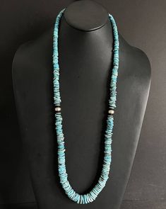 Sterling Silver Graduated Blue Turquoise Bead Necklace. 36 inch Best Offers Accepted! Blue Long Hand-strung Necklace, Blue Hand-strung Long Necklace, Blue Single Strand Turquoise Necklace, Long Single Strand Blue Turquoise Necklace, Blue Single Strand Long Turquoise Necklace, Long Blue Beaded Turquoise Necklace, Blue Gemstone Beads For Long Necklace, Turquoise Long Hand-strung Beaded Necklaces, Southwestern Blue Turquoise Necklace With Polished Beads