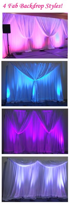 the backdrop is made up with purple and blue lights for an event or wedding reception