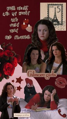 collage of girls with red roses and postcards on them, one girl is writing