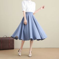 "DETAILS: * cotton linen skirt * no liner * Two side pockets * back zipper closure * High waistband * Plus size full skirt * Perfect for spring, summer and autumn * Learn More about the items From the FAQs on the page bottom * The model is 170 cm (5′ 7″) tall with a 80 cm (31.5\") bust, 66 cm (26\") waist. She is wearing the blue linen skirt in size XS. CUSTOM MADE SERVICE If you * Change other color * Can't find your size in our size Chart * Change the Style * Change the length * Your Height is 30s Outfits, Blue Linen Skirt, Knee Length Pleated Skirt, Full Flared Skirt, 1950s Skirt, Retro Skirt, Skirt High Waist, Wool Clothing, Winter Skirt