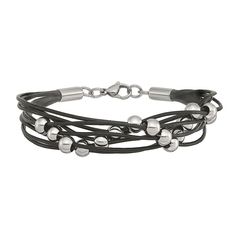 "Featuring strands of black leather accented by polished stainless steel beads, this men's bracelet is a handsome complement to your look. Featuring strands of black leather accented by polished stainless steel beads, this men's bracelet is a handsome complement to your look. Length: 8 in. Metal: stainless steel Finish: polished Packaging: boxed Please note, due to the high value of this item, a signature may be required upon delivery. Size: 8"". Color: White. Gender: male. Age Group: adult." Modern Black Leather Bracelet With Stainless Steel Clasp, Modern Leather Bracelet With Metal Black Band, Modern Metal Leather Bracelet With Black Band, Modern Stainless Steel Leather Bracelet With Black Band, Black Leather And Stainless Steel Adjustable Bracelet, Black Stainless Steel Leather Bracelet For Everyday, Black Leather Everyday Jewelry, Elegant Black Leather Bracelet With Stainless Steel Clasp, Modern Magnetic Leather Bracelets