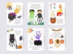 four halloween cards with handprints on them, one for children and the other for adults