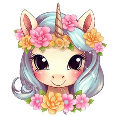 an adorable unicorn with flowers in her hair