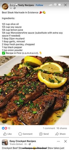 a plate with steak and lemons on it, next to an instagram post