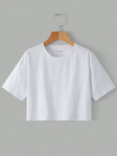 Camiseta crop unicolor Blanco Casual  manga corta Tela Liso  Elástico Ligero Verano Women Clothing, size features are:Bust: ,Length: ,Sleeve Length: Drop Shoulder Tshirt, Crewneck Outfit, Baggy T-shirt, Free T Shirt Design, Tiktok Outfits, White Tee Shirts, T Shorts, Shirts For Teens, Plain Tees