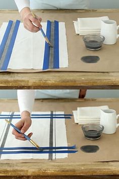 two photos of someone cutting paper on top of a table with coffee cups and saucers