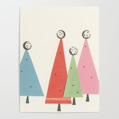 a card with three different colored trees and a clock on the top one is for christmas