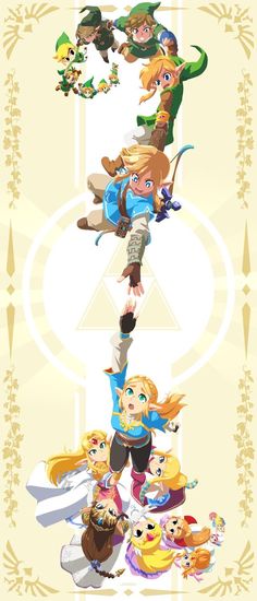 the legend of zelda poster is shown in three different positions, including one with an arrow