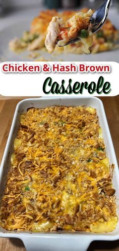 chicken and hash browns casserole in a white dish