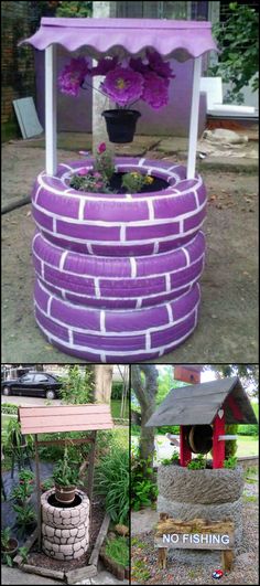 a potted plant sitting on top of a purple tire covered stand with flowers in it