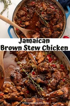 jamaican brown stew chicken in a pan with wooden spoons and garnishes