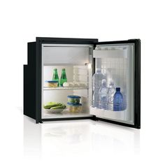 an open refrigerator with water and food inside