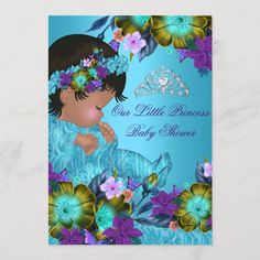 a little princess baby shower card with flowers and butterflies on the purple, blue and green background