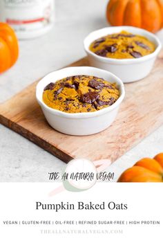 pumpkin baked oats in white bowls on a cutting board