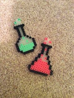 two pieces of perler bead art that look like science beaks and flasks