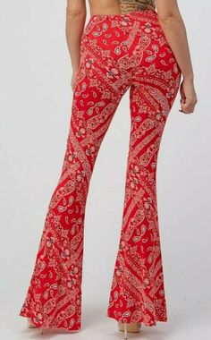 🌻🌻SIZE SMALL 🌻🌻 🌻SEE ALL PICTURES, PRIOR TO PURCHASE.  CHECK FABRIC & MEASUREMENTS. YOU CAN CLICK ON PICTURES TO ZOOM IN. FEEL FREE TO ASK ANY QUESTIONS ON THIS GORGEOUS PANT! 🦋Listing is for 1 pair of NEW, NO TAGS SIZE SMALL UNBRANDED, RED BANDANA PAISLEY PRINT,  BOHO CHIC, WESTERN, FESTIVAL, BIKER, BELL BOTTOM YOGA PANT. 🦋These are a SOFT Knit fitted Fabric that has a Stretch to it. 95% POLYESTER 5% SPANDEX. VERY COMFY! FITTED, with a BEAUTIFUL flare, Bell bottom leg with RED BANDANA/PA Fitted Bohemian Bottoms With Paisley Print, Casual Fitted Bottoms With Boho Print, Fitted Paisley Print Bottoms For Fall, Fitted Casual Bottoms With Boho Print, Fitted Bohemian Flares For Spring, Fitted Flare Jeans For Festival, Casual Paisley Print Pants For Fall, Casual Paisley Print Bottoms For Fall, Bohemian Fitted Wide Leg Flares