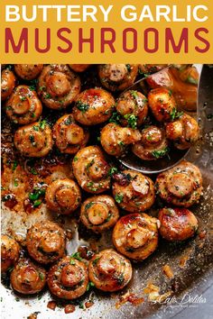 a pan filled with cooked mushrooms covered in sauce and garnished with parsley