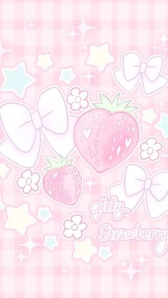 a pink wallpaper with strawberries and bows on it