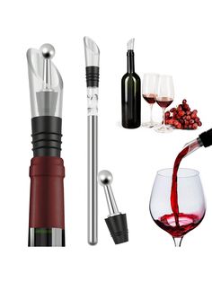 a wine glass being filled with red wine next to a corkscrew and bottle opener