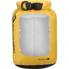 the dry bag is yellow and has a black strap around it's side pocket