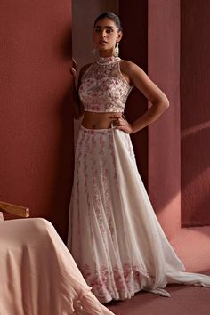 White lehenga featuring dabka embroidered floral vine motifs highlighted by beads and sequin embellishments. Comes with matching floral resham embroidered padded blouse and dupatta. - Aza Fashions White Lehenga, Padded Blouse, Floral Vine, Fashion App, Band Collar, White Blouse, Set For Women, Aza Fashion, Lehenga