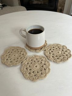 ** Handmade crocheted coasters, made with 100% cotton yarn. ** We make custom orders as well as have a few sets in stock! ** We primarily sell sets of 4 but are open to making more! Just send us a       message and we would be happy to help! ** We offer a variety of different colors and styles!  ** Feel free to message us a photo of what you are looking for or an idea and we are happy      to create them for you! Yarn Coasters Diy, Crochet Drink Coasters, Crochet Home Goods, Crocheted Coasters Pattern Free, Home Decor Crochet Ideas, Crochet Selling Ideas, Cup Coasters Crochet, Crochet Gifts For Boyfriend, Yarn Coasters