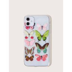 an iphone case with different colored butterflies on the front and back cover, in white