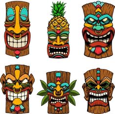 an image of tiki masks with different facial expressions