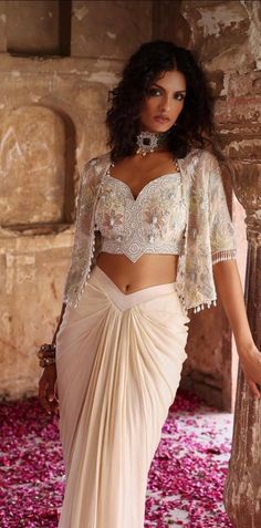 Ivory Drapes, Sangeet Outfit, Lehenga Blouse Designs, London College Of Fashion, Ready To Wear Saree, Indian Wedding Wear, Embellished Jacket, Ghagra Choli, Draped Skirt