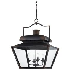 an outdoor hanging light fixture with three lights on the front and back side of it