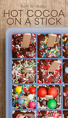 chocolate covered candies in a blue tray on a wooden table with text overlay that reads how to make hot cocoa on a stick