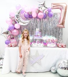 Purple Pink And Silver Birthday Party, Pink Purple Silver Party, Girl Baby Shower Decor, Sparkle Birthday Party, Kids Birthday Party Decorations, Disco Art, 7th Birthday Party Ideas, Mermaid Party Supplies