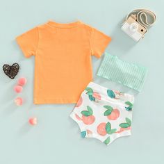 Includes: T-shirt, Shorts, & HeadbandMaterial: Cotton BlendGender: GirlsPattern Type: Letters, Peaches Sleeve Length: ShortSummary: Baby Toddler Girls Peachy T-shirt with Peach Shorts & Headband 3 PieceOutfit Orange Short Sleeve Sets For Spring, Peach Cotton Sets For Summer, Summer Cotton Peach Sets, Summer Peach Cotton Sets, Playful Orange Summer T-shirt, Orange Cotton Playtime Sets, Cute Orange Short Sleeve Sets, Orange Summer Playwear Tops, Orange Summer Tops For Playwear