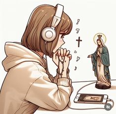 a woman wearing headphones sitting in front of a painting of the virgin mary and jesus