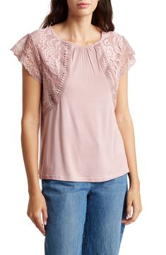 Sweeten any look with this soft knit top fashioned with lace cap sleeves and lace trim for elegant style. 24 1/2" length (size Small) Back keyhole with button-and-loop closure Crewneck Cap sleeves 95% rayon, 5% spandex Hand wash, line dry Imported Model stats: 5'10" height, 32" bust, 25" waist, 36" hip. Model is wearing size Small. Casual Lace Top With Lace Sleeves For Layering, Casual Tops With Lace Patchwork For Layering, Lace Tops With Crochet Trim For Layering, Stretch Lace Patchwork Short Sleeve Tops, Stretch Short Sleeve Tops With Lace Patchwork, Feminine Stretch Lace Top With Short Sleeves, Casual Short Sleeve Lace Top With Lace Collar, Casual Lace Top With Short Sleeves And Lace Collar, Spring Tops With Crochet Trim For Layering