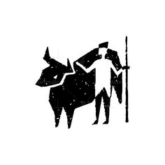 a black and white drawing of a man standing next to a cow with a spear