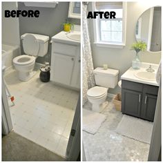 before and after photos of a bathroom remodel with white tile flooring, gray vanity sink, and toilet