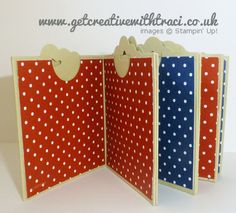 three folded cards with polka dots on them, one is red and the other is blue