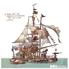 a drawing of a pirate ship with lots of sails and flags on it's mast