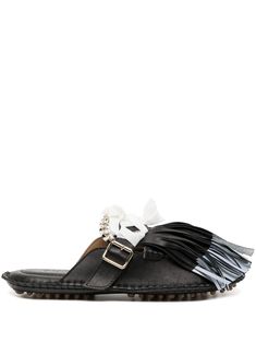 black/light blue calf leather fringe detailing crystal embellishment braided edge branded insole round toe slip-on style flat rubber sole Leather Slides With Studded Rubber Outsoles, Leather Fringe, Leather Mules, Crystal Embellishment, Fashion Flats, Black Light, Mules Shoes, Calf Leather, Rubber Sole