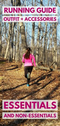 a woman running in the woods with text overlay that reads essentials and non - essential