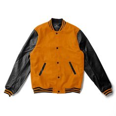 Orange Varsity Jacket Black Leather Sleeves - Jack N Hoods Orange Varsity Jacket, Letterman Jacket Outfit, Custom Letterman Jacket, Varsity Jacket Black, Shearling Jacket Women, Leather Varsity Jackets, Jacket Store, Leather Coat Womens, Biker Jacket Men