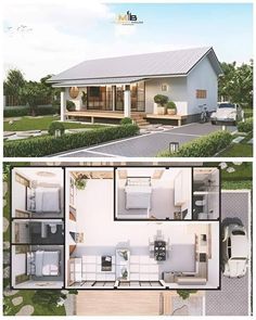 the floor plan for a small house with two beds and one bathroom, is shown