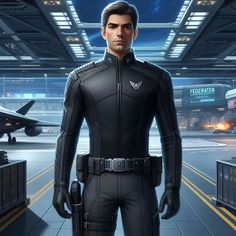 an image of a man in a sci - fi suit standing in front of a plane