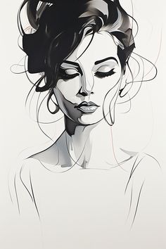 a black and white drawing of a woman's face with hair blowing in the wind